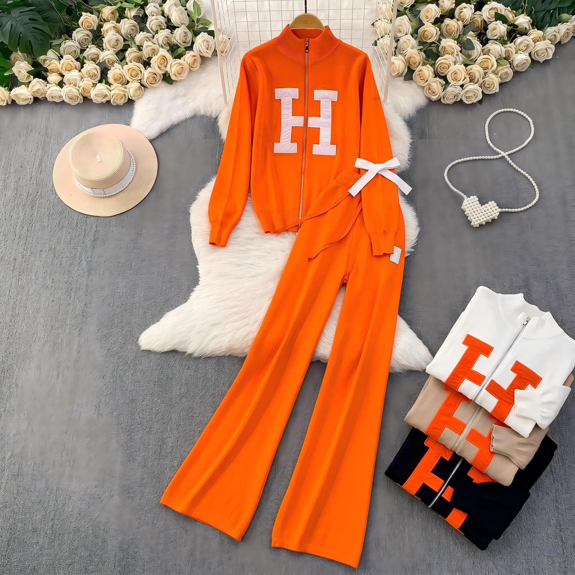 Cross-border Fall/Winter Trendy Stylish H-Letter Zipper Stand Collar Jacket + Elastic Drawstring Wide-Leg Pants Set