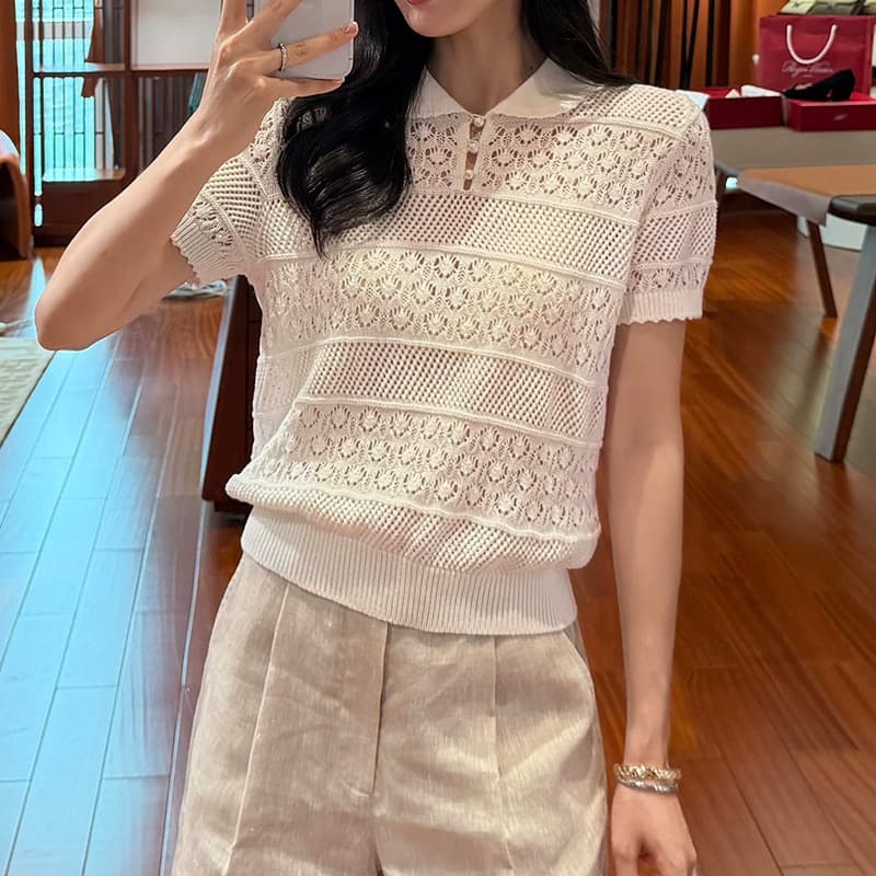 EMPR Vintage Textured Cotton-Linen Notch Collar Button-Through Hollow-Out Youthful Short-Sleeve Knit Top