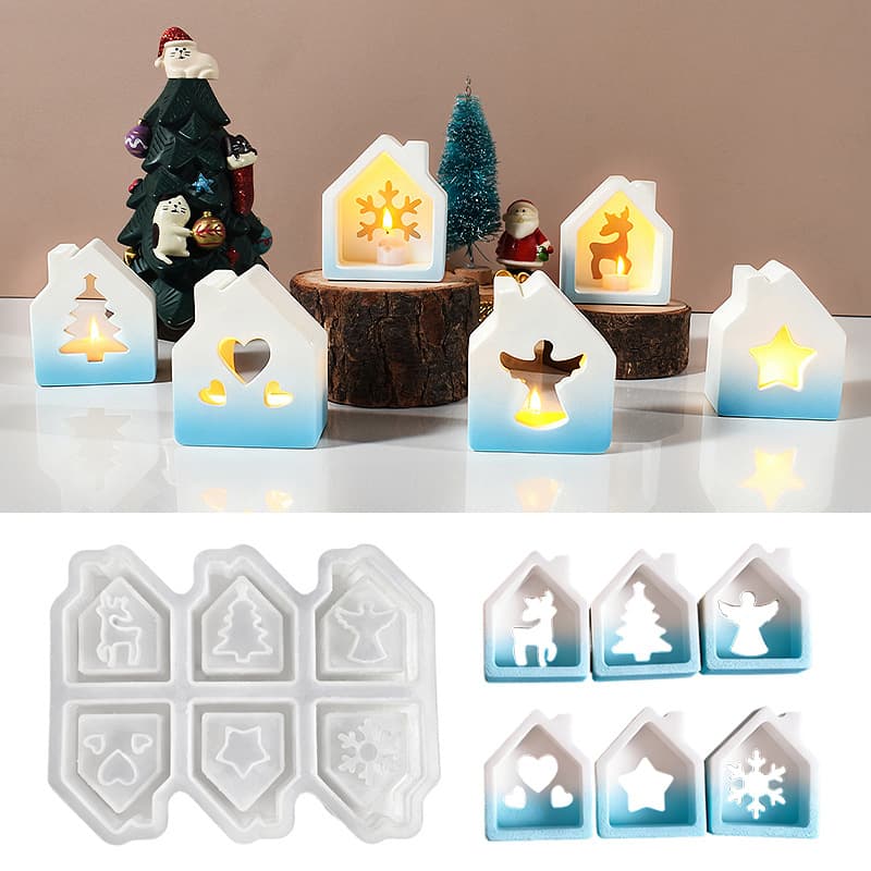 6-Connected House Ambiance Light Silicone Mold for DIY Resin, Snowflake, Elk, Angel, Christmas Tree, Star, House, Plaster