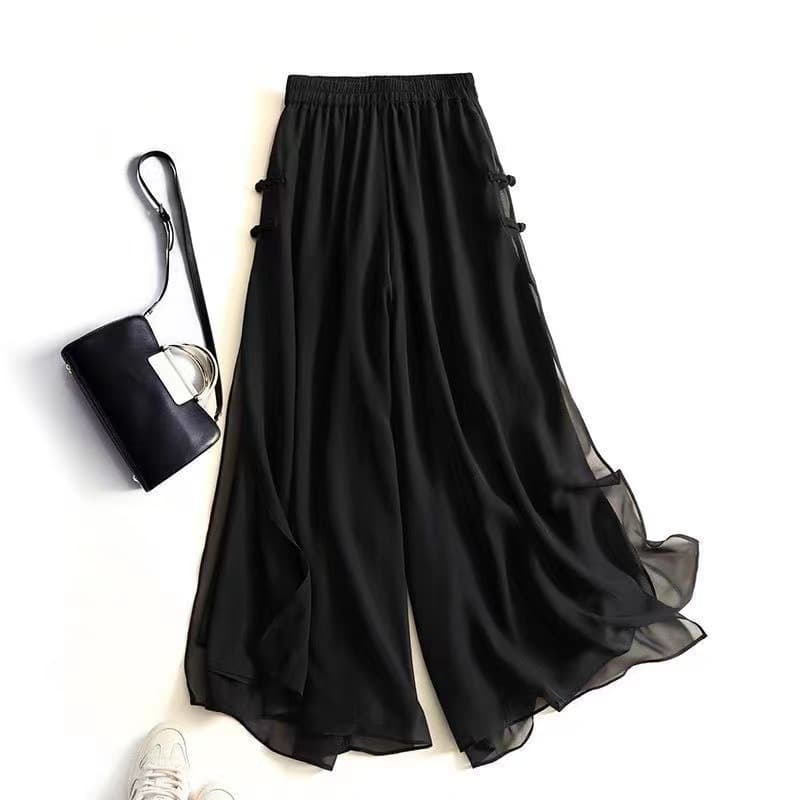 New Chinese Style Women's Summer Thin Nine-tenths Wide Leg Pants Plus Size Loose Flowing Split Draped Casual Skirt Pants