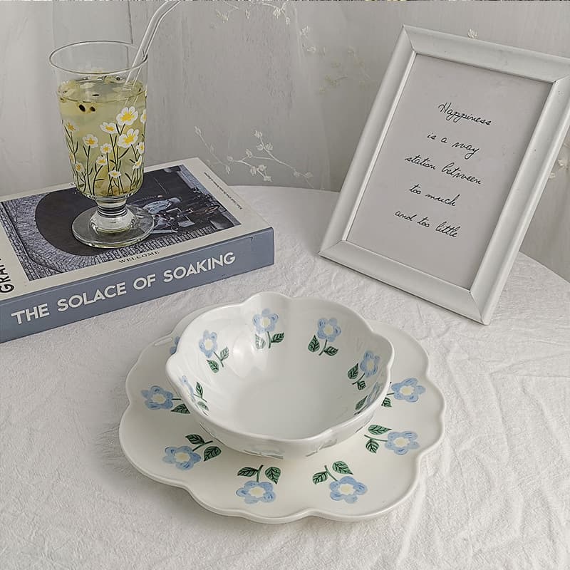 Xinming New Nordic Style Retro Blue Flower Dessert Plates, Household Fruit Salad Bowls, Breakfast Plates, Ceramic Tableware