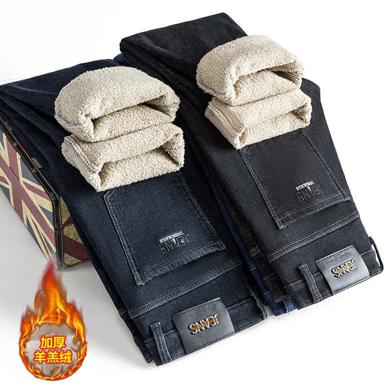 Men's Fleece-Lined Jeans, Autumn/Winter Style, Thickened, Warm, Loose-fitting, Straight-Leg, Lambswool Long Pants, Casual Men's Trousers