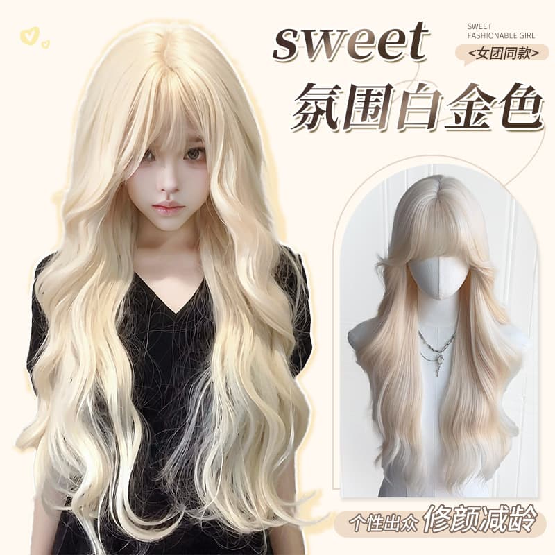 Women's Long Wig Cosplay Platinum Blonde Long Curly Hair Lolita Sweet Big Waves Daily Realistic Human Hair Full Wig