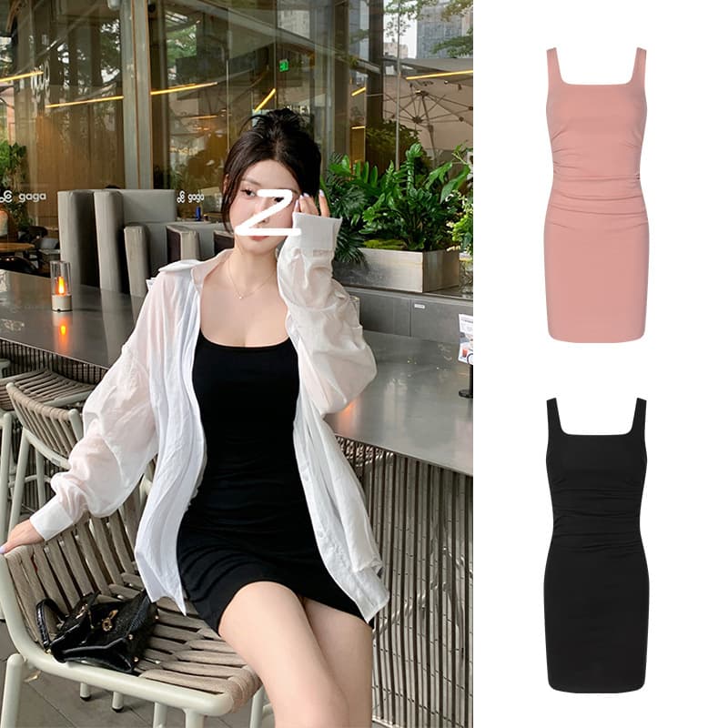 Peach Square Neck Ruffled Slip Dress Slim Waist Fitted Short Skirt
