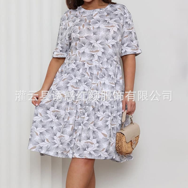 European and American Style Elegant Contrast Color Short Sleeve Dress for Women Summer Round Neck with Pockets Comfortable Slimming Plus Size Dress