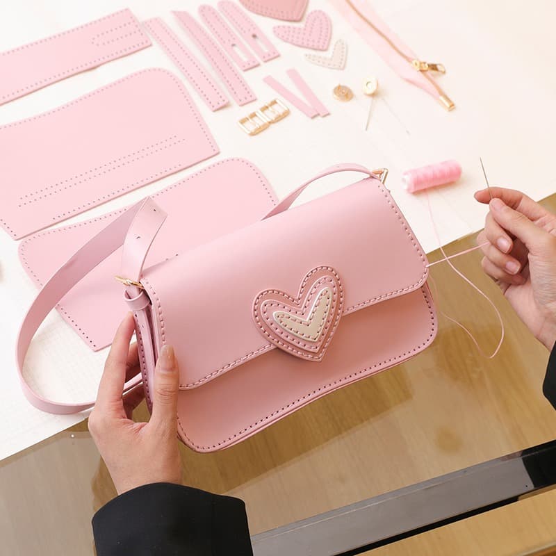 DIY Handmade Kit Pink Heart Bag Women's Self-Made Material Kit Birthday Gift for Girlfriend Shoulder Crossbody Bag