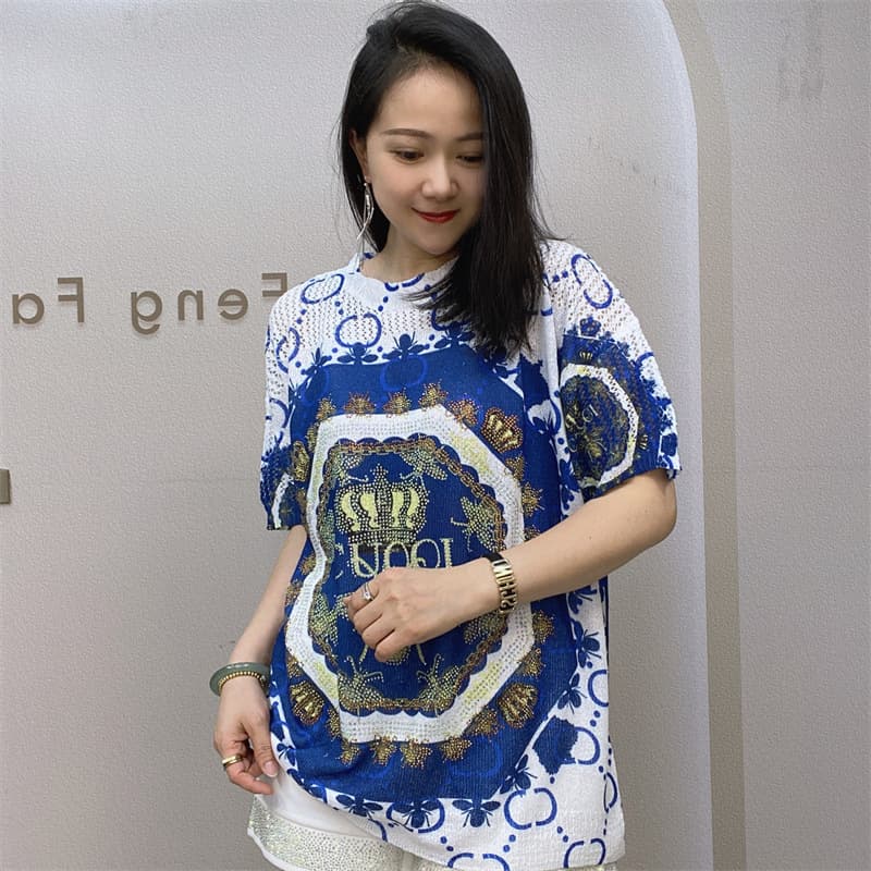 Summer New European Style Women's Heavy Rhinestone Knit Top, Cross-border Trade Plus Size Blouse, Fashionable Printed Short Sleeve