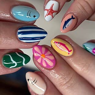 Cross-border Summer Press-on Fake Nails Shark Stripes Flowers Starfish Marine Life Nail Art European American Summer Nail Tips