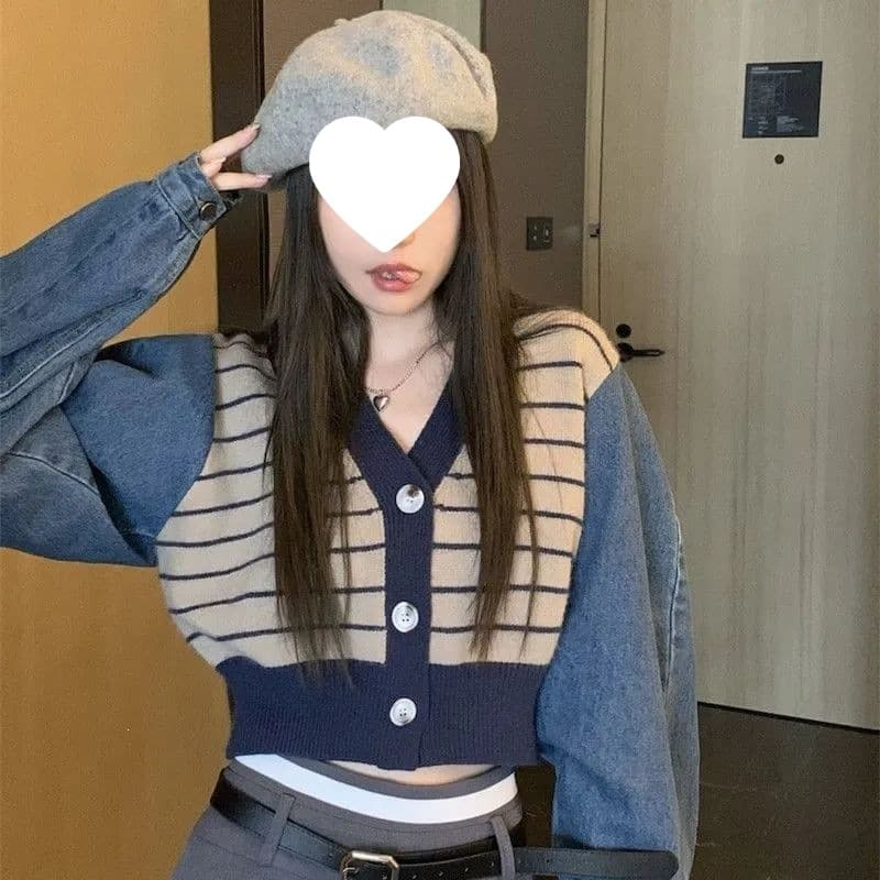Denim splicing petite short top for women 2026 autumn and winter new long-sleeved knitted jacket versatile sweater cardigan