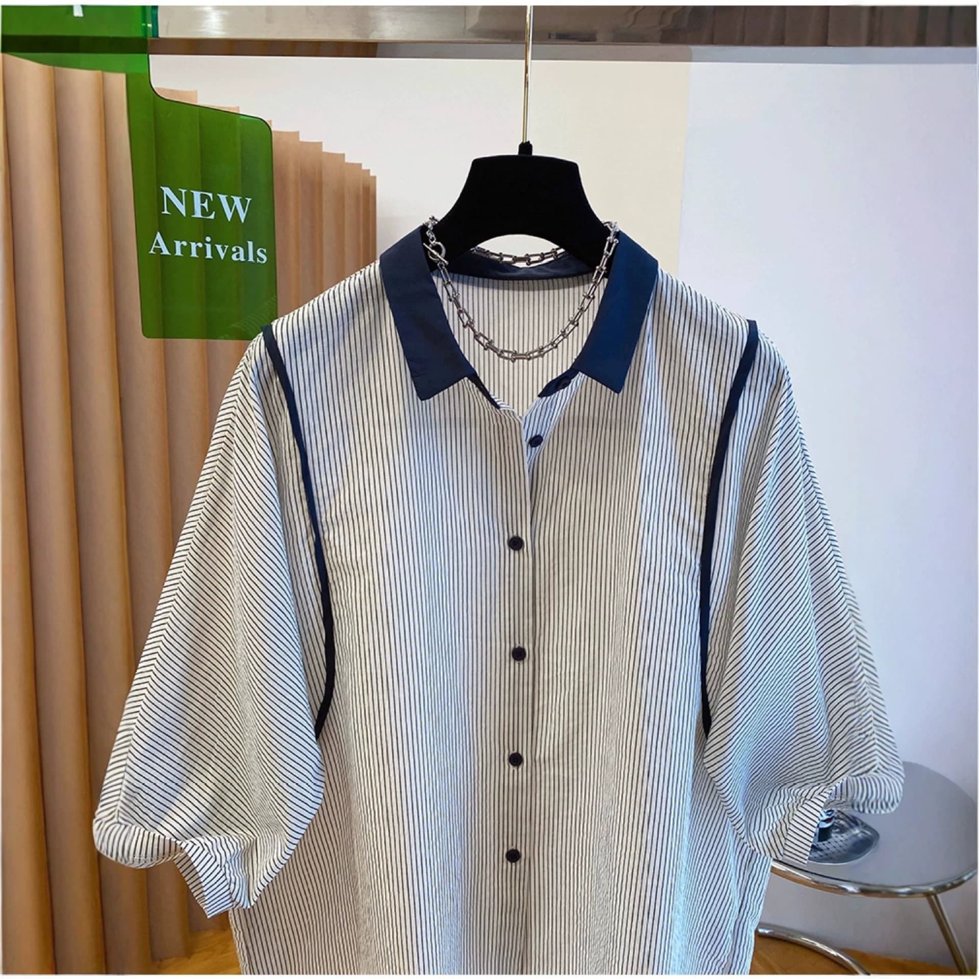 Spring/Summer Plus Size 200 Jin French Style Striped Short Sleeve Shirt for Women Plus Size Loose Fitting Slimming Top