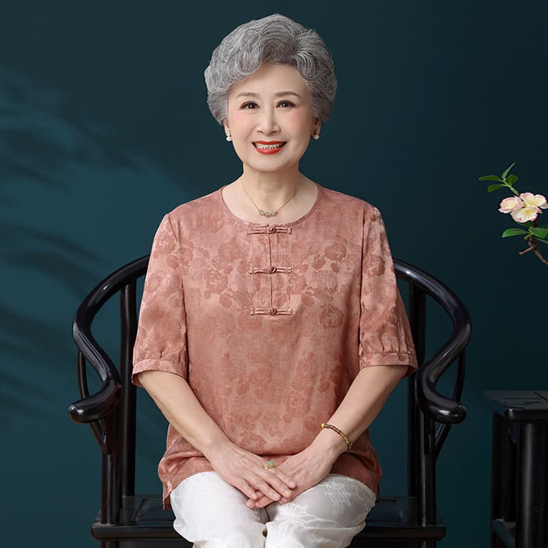 Elderly Women Summer Short Sleeve T-Shirt Grandma Set Mom Summer Ice Silk Top 70-Year-Old Lady Clothes