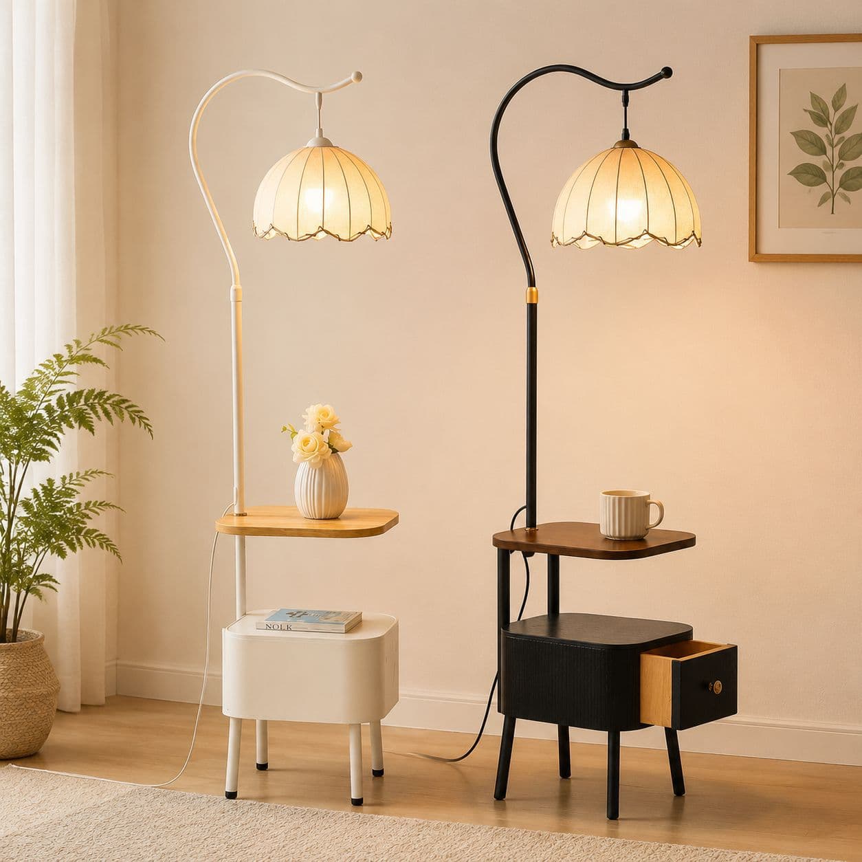 Vintage Arc Cantilever Floor Lamp with Drawer Storage Side Table Bedroom Bedside Reading Fabric Lotus Leaf Pendant Light
