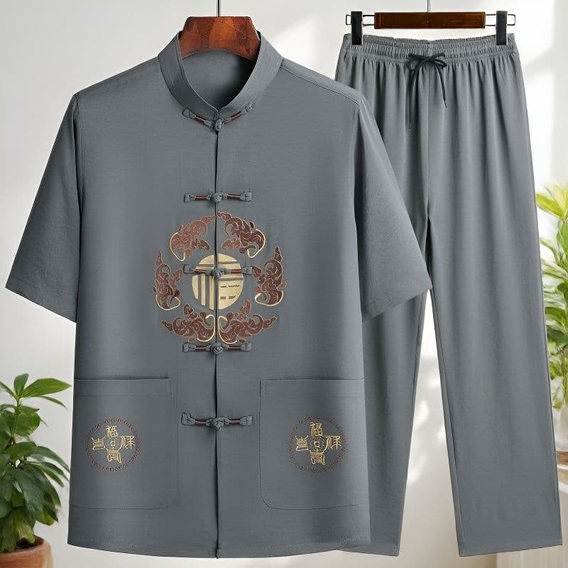 Middle-aged and elderly Tang suit men's short-sleeved shirts dad's summer clothes Chinese style ice silk grandpa's summer clothes for the elderly thin