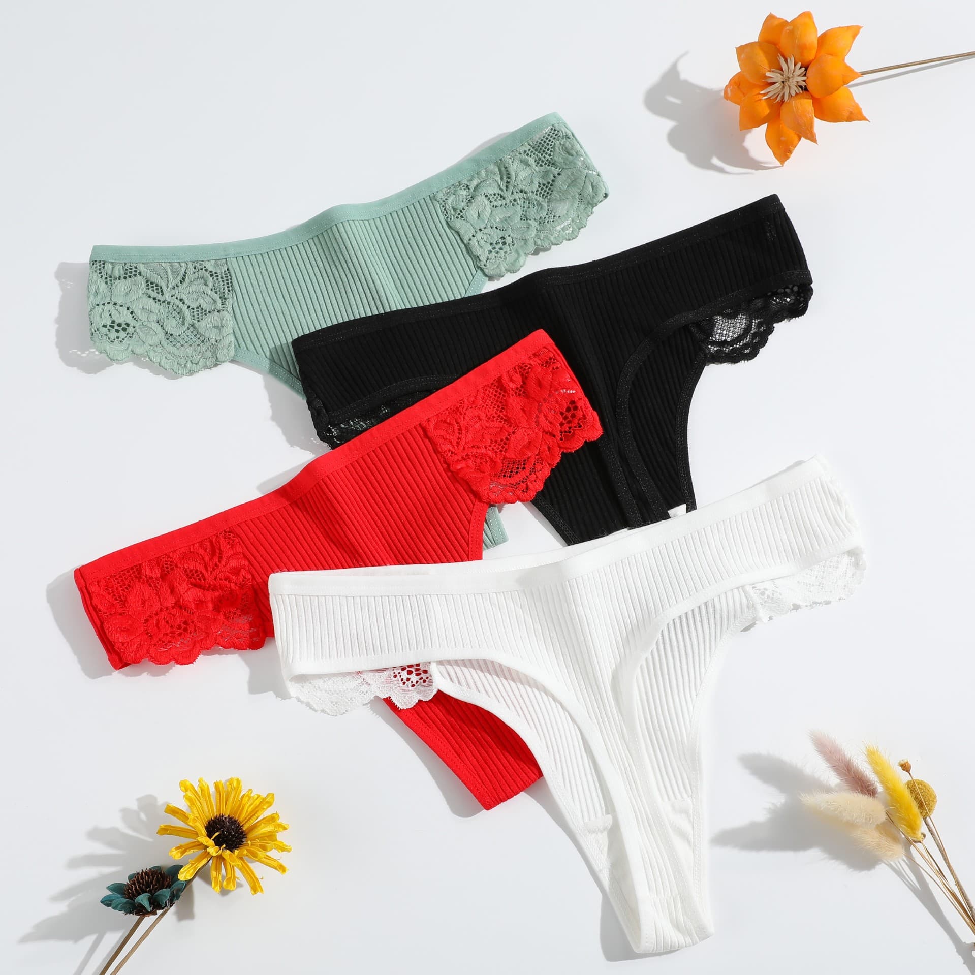 New style thong panties for women, lace, tummy control, ribbed, low-waisted, breathable, pure cotton T-shirts, wholesale from the manufacturer.