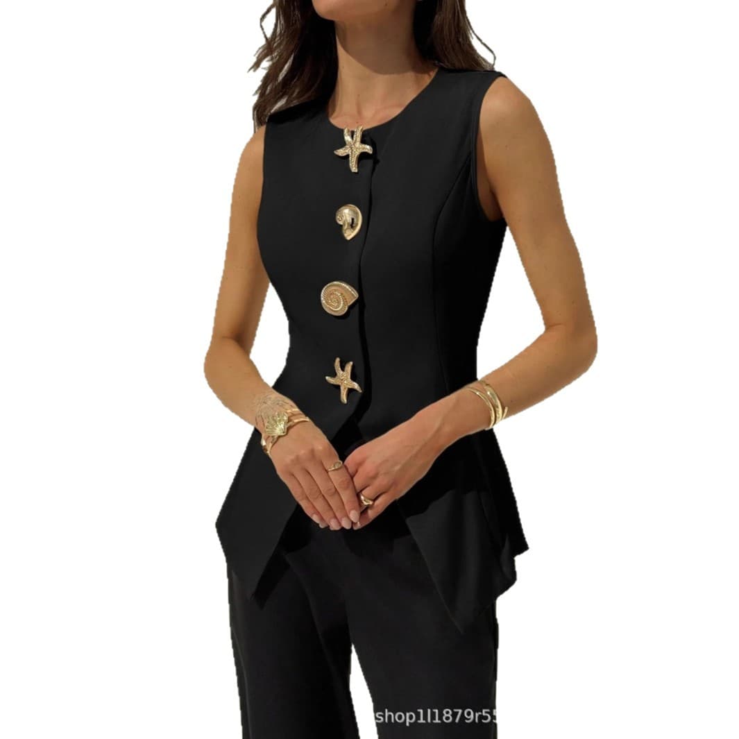 Cross-border Sleeveless Vest 2025 Summer New Outerwear Irregular Button V-Neck Tank Top for Women