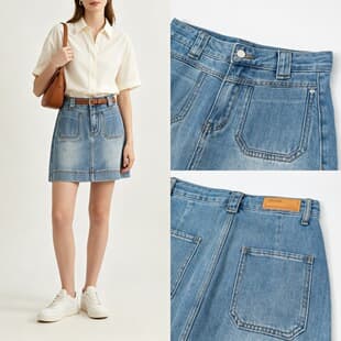 Summer Washed High-Waist Denim Skort for Women, Double Pockets, Visible Stitching, Non-Stretch, Petite Size, Drop Shipping