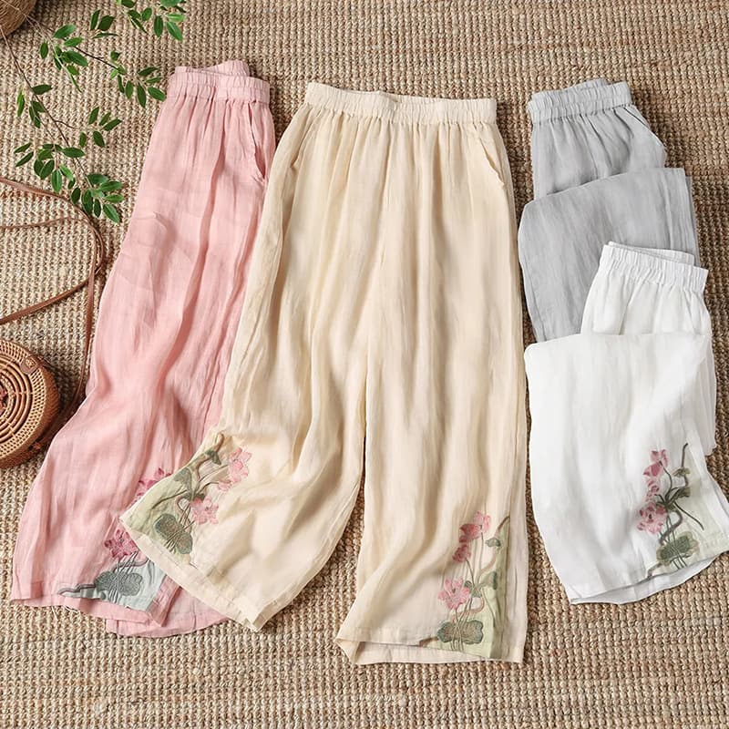 2026 Spring/Summer Ethnic Style Wide-Leg Pants for Women, Artistic National Style Retro Embroidered Pocket Slimming Casual Long Pants