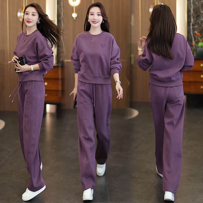 Plus Size Chic Casual Two-Piece Set 2026 Fall New Arrival Women's Plus Size Round Neck Sweatshirt Wide-Leg Pants Two-Piece Set