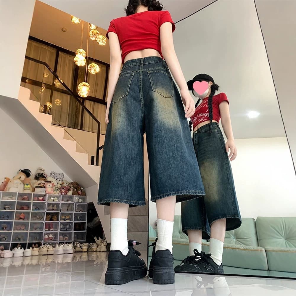 American High-Street Vintage Wide-Leg Cropped Denim Capri Pants for Women, Summer High-Waist Plus Size Slimming Loose Straight Short Pants