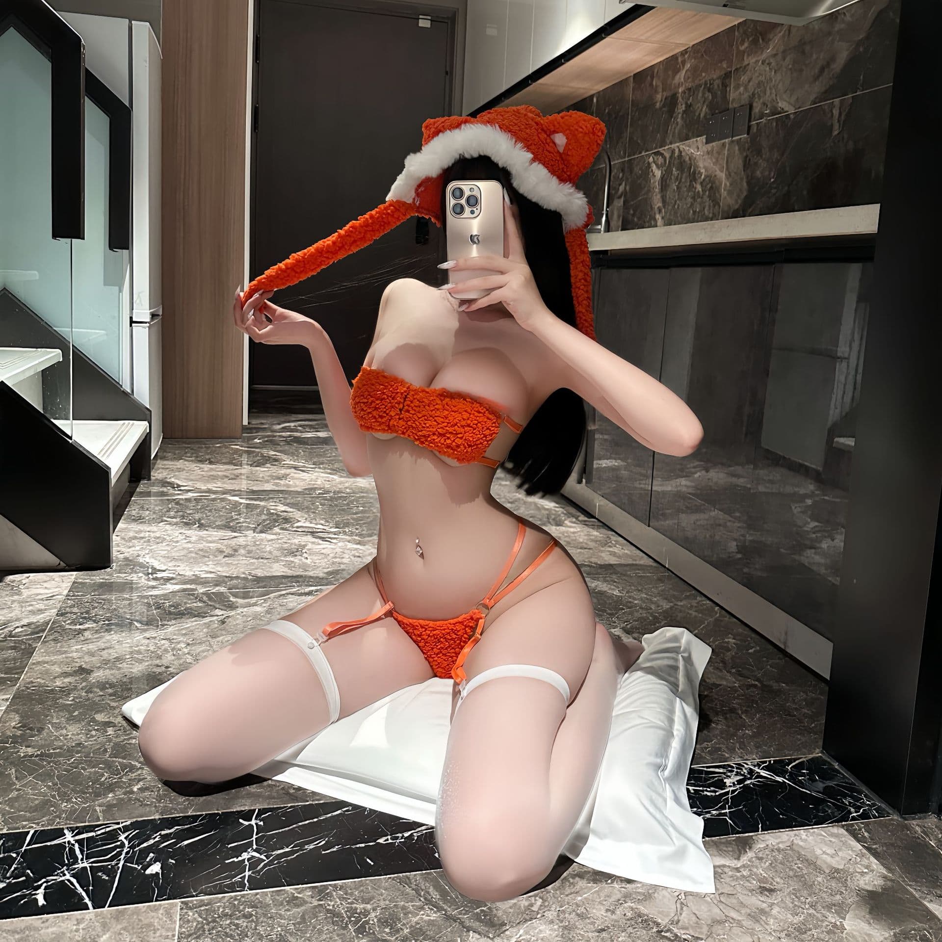 Qianai Sexy Lingerie Faux Lamb Fleece Fox Costume Three-Point Tube Top Catwoman Uniform Set 9252