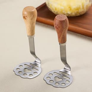 Stainless Steel Potato Masher with Wood Grain Vertical Design, Masher Tool, Home Kitchen Masher for Mashed Potatoes and Taro