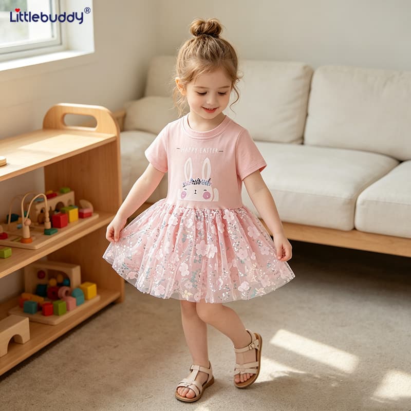Girls Pink Rabbit Mesh Dress Summer New Children's Short-Sleeved Princess Dress Baby Floral Sequin Puffy