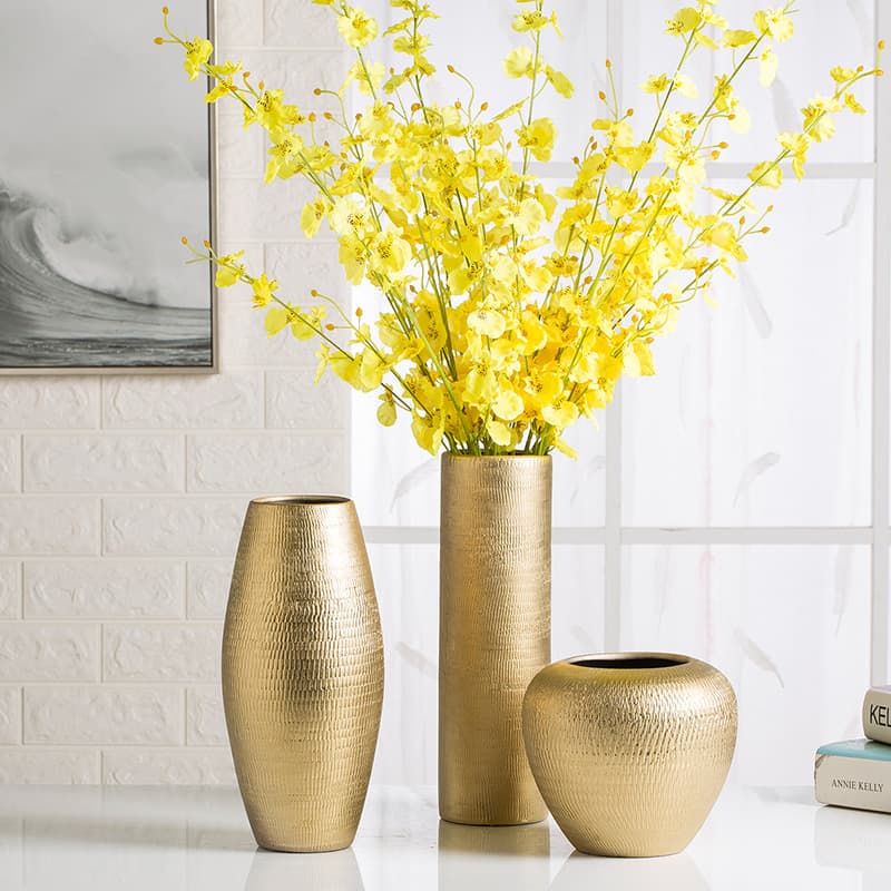 New Chinese Style Ceramic Vase Decoration Light Luxury Electroplated Gold Tabletop Three-Piece Set Home Living Room Entryway Soft Decor