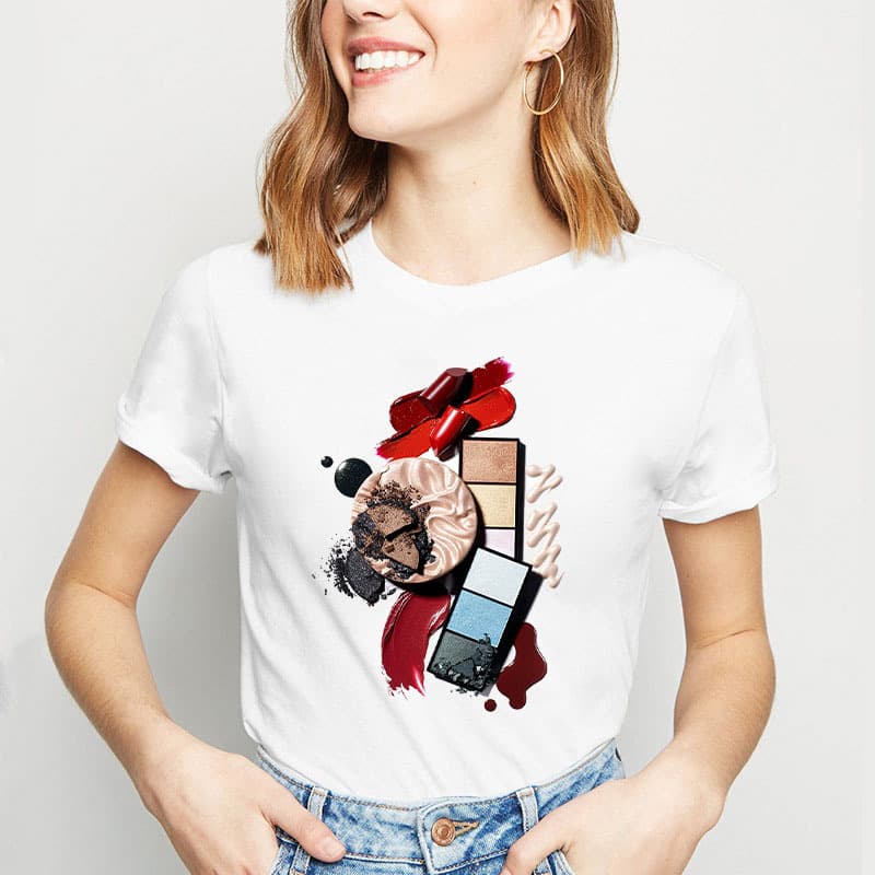 in stock Foreign Trade Cross-border Women's Short-sleeved White T-shirt Beauty Makeup Nail Polish Printing Fashion Summer Loose Fashion
