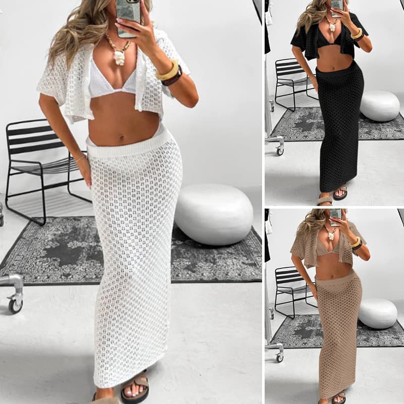Elegant British Style Long Knitted Short Sleeve Open Cardigan Hollow out Slim Fit Beach Set Dress Sun Protection Skirt