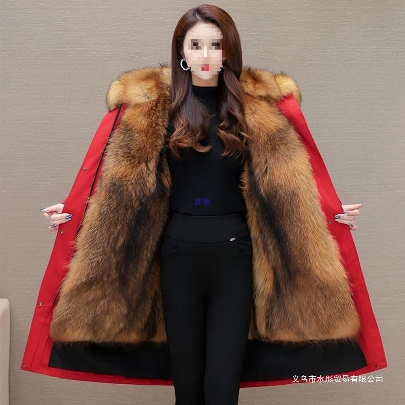 Haining Parka for Women with Detachable Faux Fox Fur Lining, Leather and Fur Blend Fleece-Lined Thickened Long Fur Coat