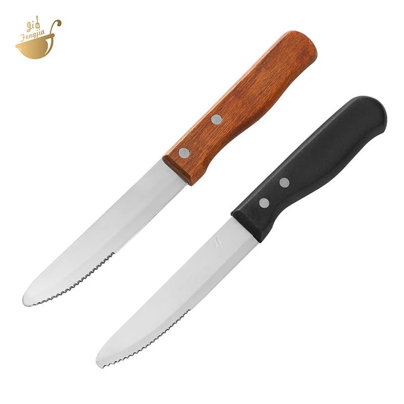 Amazon hotel household stainless steel kitchenware cutlery black plastic handle steak knife semi-serrated large steak knife