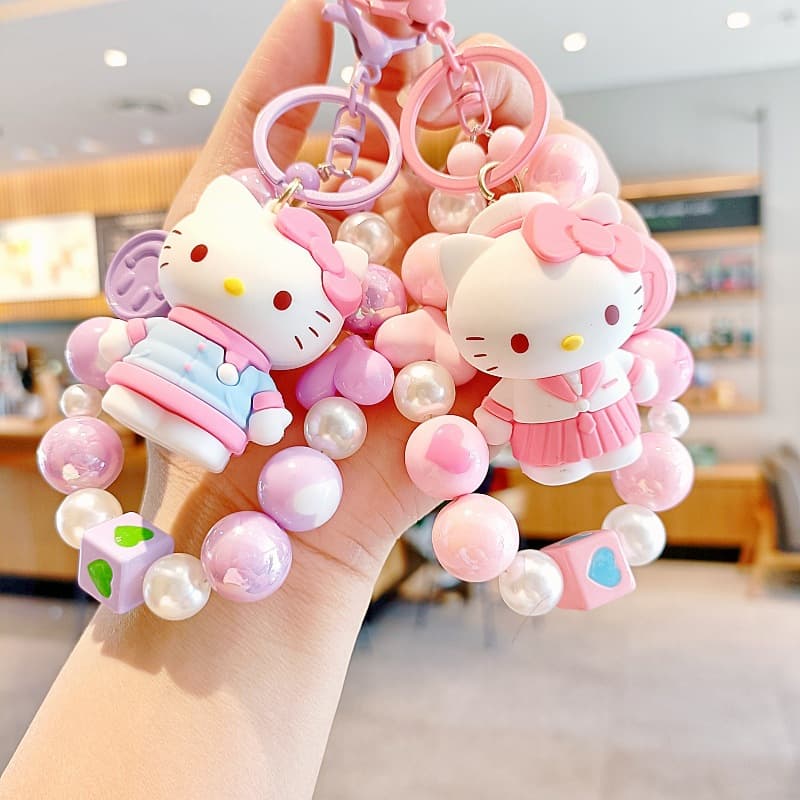 Trendy Influencer Dopamine Hand-Painted Beaded Kt Cat Cartoon Doll Bead Chain Cute Girl Keychain Bag Pendant