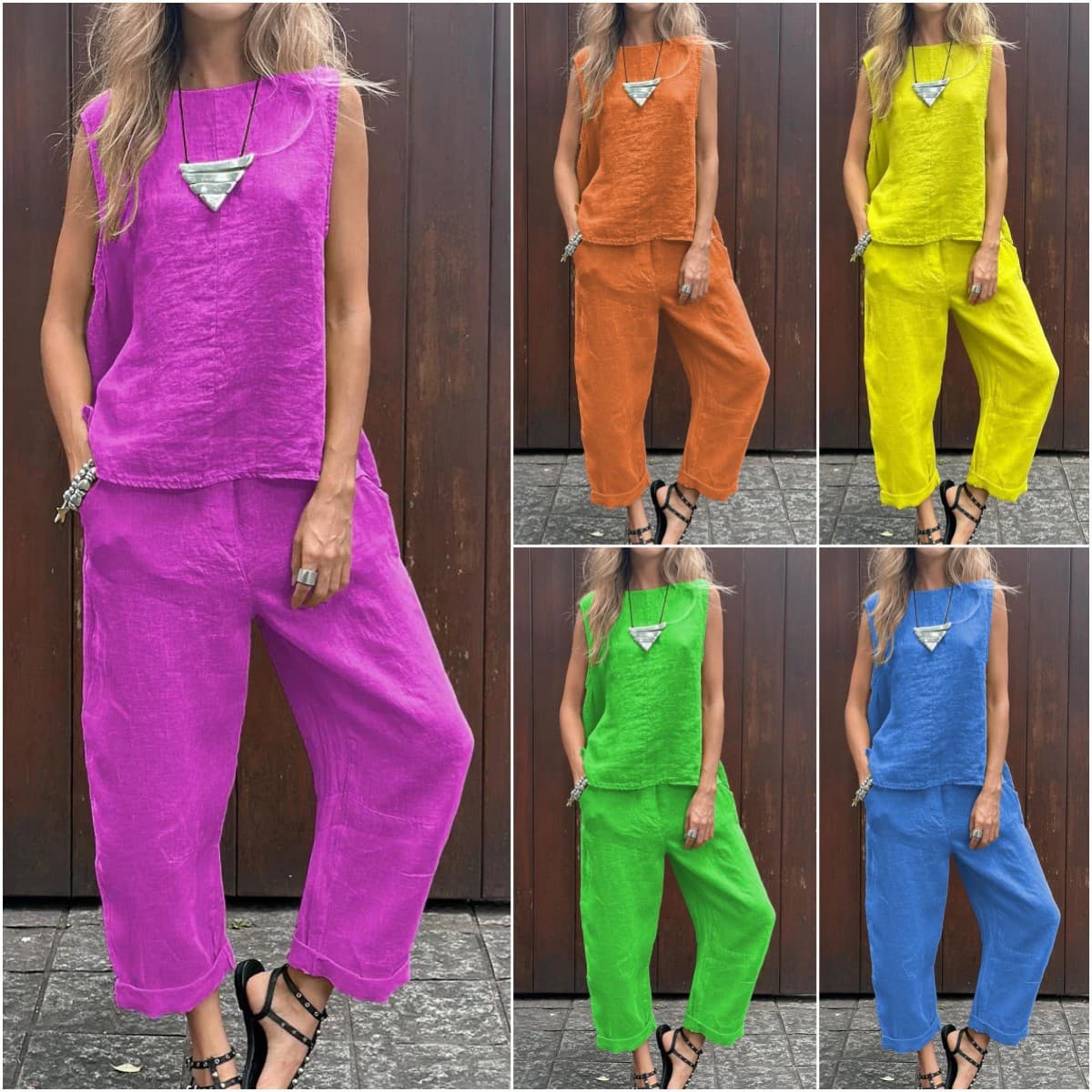 2024 Spring/Summer New Cotton Linen Fashion Casual Loose Two-Piece Set: Sleeveless Top and Loose Pants Women's Outfit