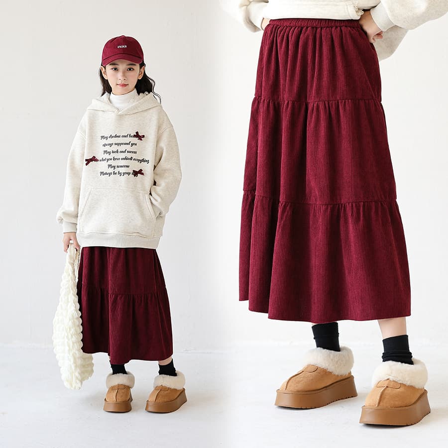 Korean-style retro corduroy fleece-lined warm skirt for junior high school girls, winter 2025 style, cake skirt for older children.
