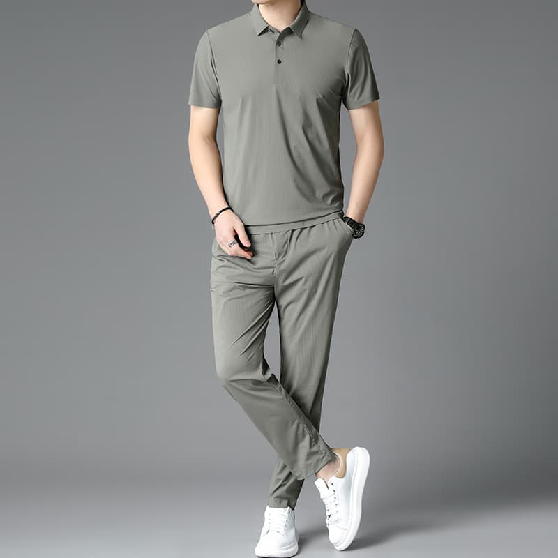 Ice Silk Seamless Short Sleeve Men's T-Shirt and Pants Set Summer Business Casual Polo Shirt Two-Piece Middle-Aged Dad's Outfit