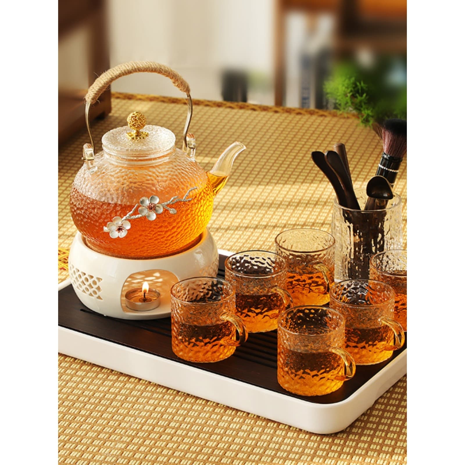 Heat-Resistant Glass Flower Tea Pot with Filter Insulation Electric Ceramic Stove Tea Brewer Afternoon Tea Set Heating Candle Base