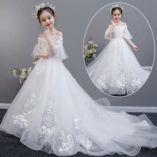 Kids Formal Dress Birthday Party Gown Elegant Long Dress Flower Girl Piano Performance One-Shoulder Floor-Length Trailing Princess Dress