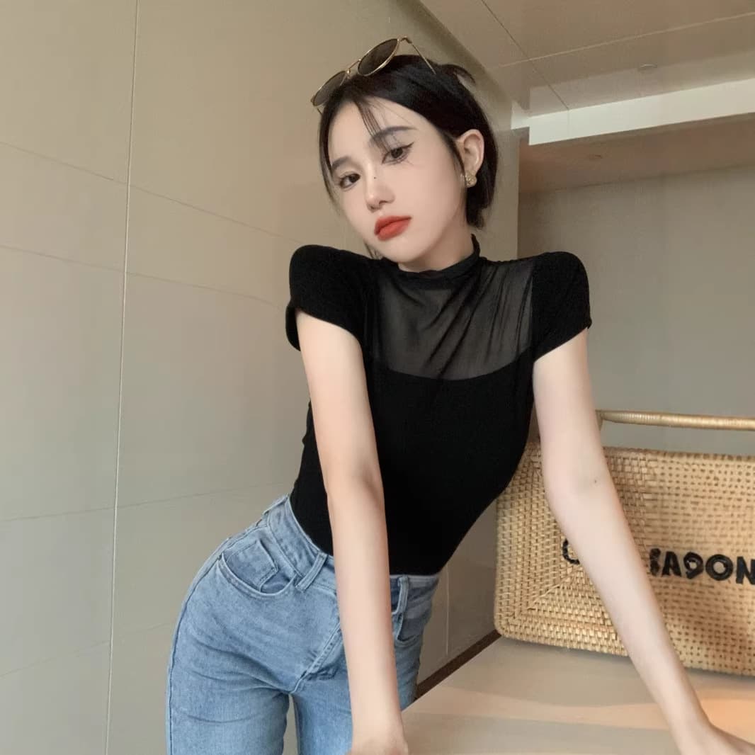 Stand Collar Sexy Short Mesh T-Shirt for Women, Short Sleeve 2026 Spring New Arrival, Inner Layering Sensual Women's Top with Cap Sleeves