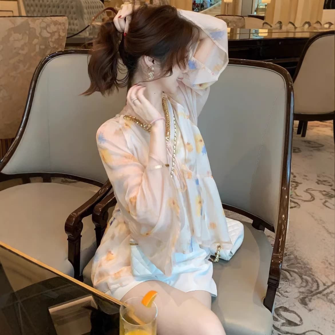 Floral Print V-Neck Tie Chiffon Blouse Women 2026 New Thin Style Elegant Top Beautiful Printed Chiffon Shirt