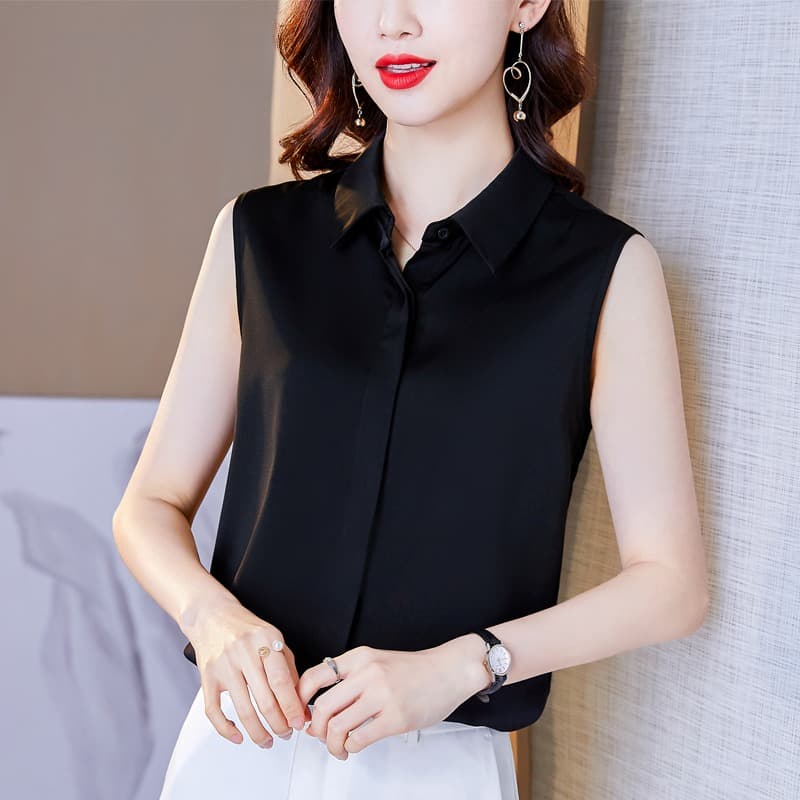 White shirt for women, sleeveless bottoming shirt, suit inside, large size silk top, lapel shirt, summer cut-sleeve vest