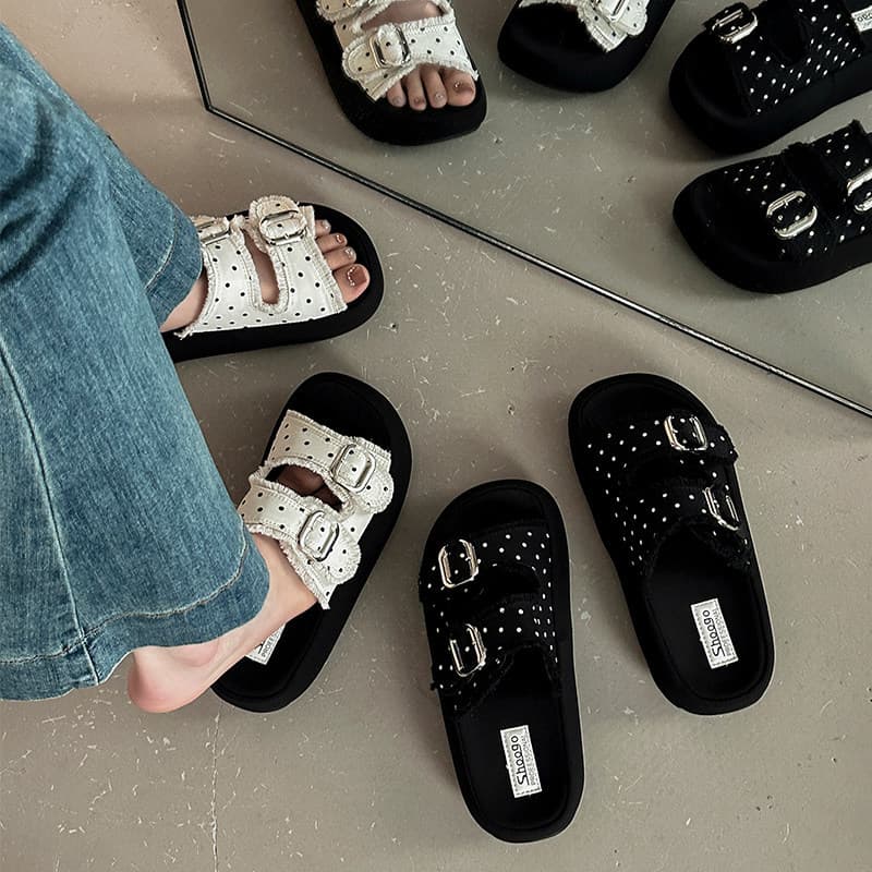 Casual Wave Point One-Character Slide Sandals for Women 2026 Summer Korean Style Thick Sole Round Toe Anti-Slip Double Buckle Strap Slippers