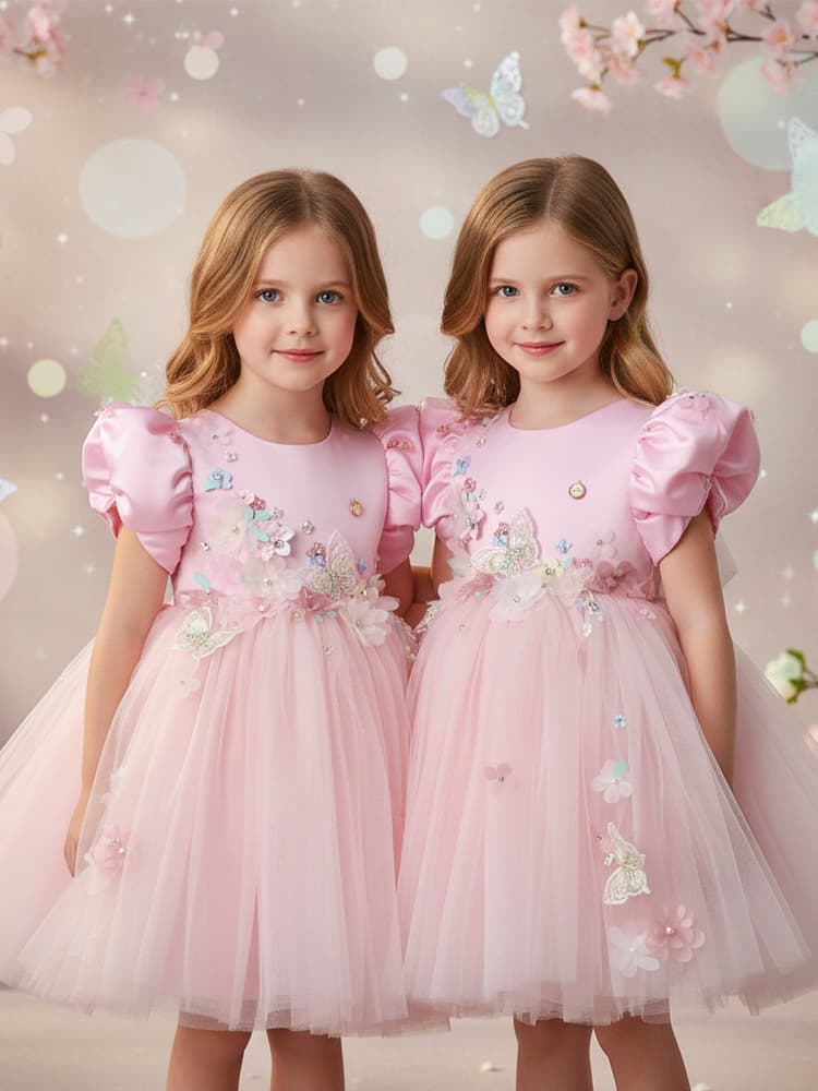 Girls Dress with Bubble Puff Sleeves and Applique, 2025 New Children's Princess Gown, Wholesale