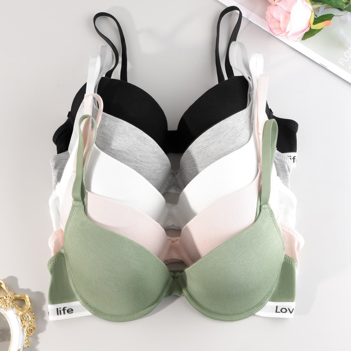 Rayon Fabric Underwire Bra Push-Up Bra Letter Print Design LoveLife Thick Pads 8 Colors