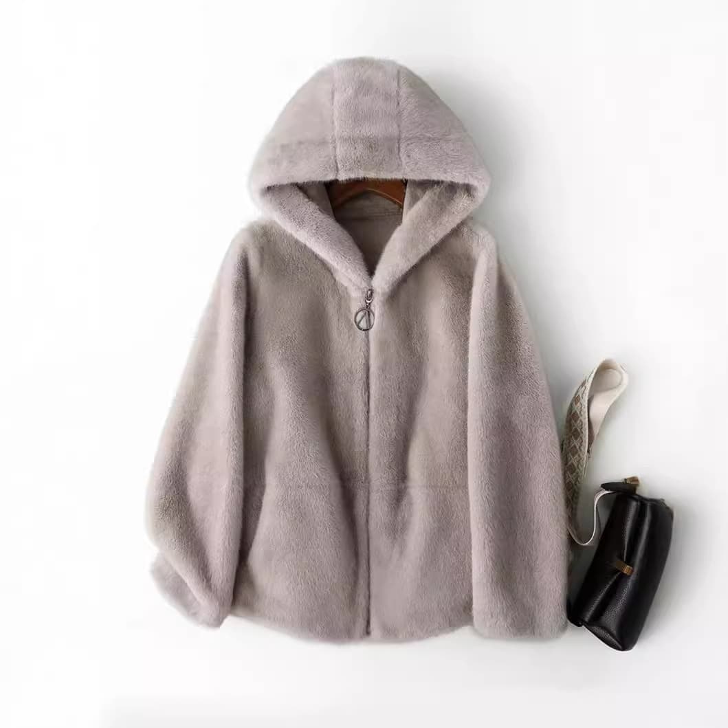 Haining 2026 Winter Coat Mink Velvet Faux Fur Jacket Short Hooded Imitation Mink Velvet Eco-Friendly Fur