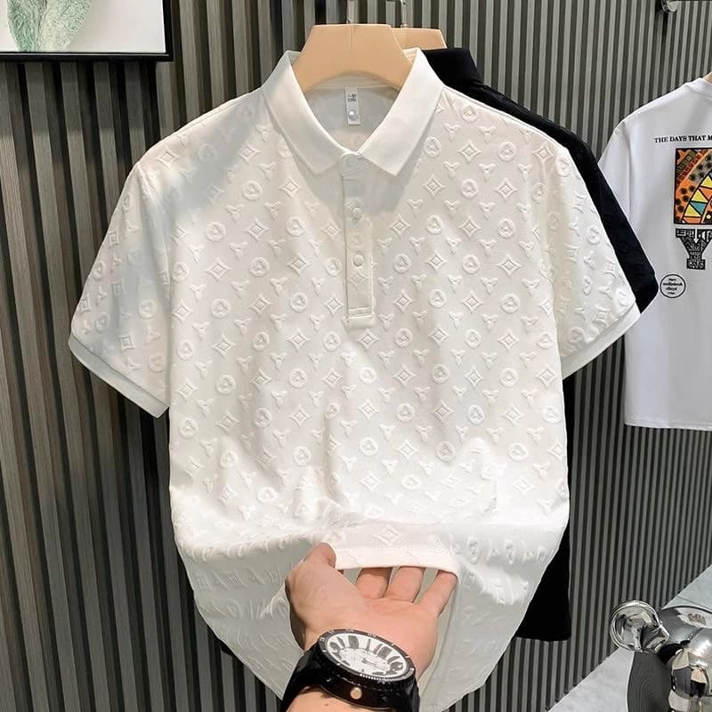 2025 Summer Polo Shirt Short Sleeve T-Shirt Men's Fashion Light Luxury Jacquard Casual Slim Fit Turn-down Collar Layering