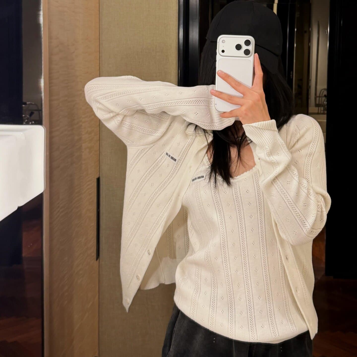 Miu-style Letter Logo Embellished Cardigan Sweater Coat for Women, Early Spring Unique Beautiful Hollow Knit Top
