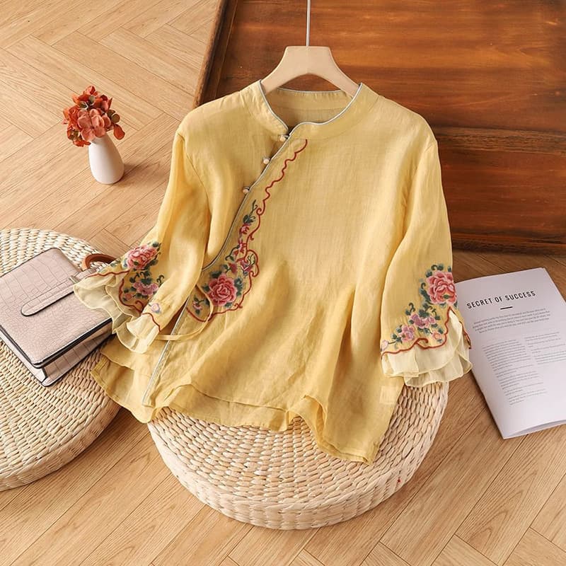 Summer Linen Cross-Collar Embroidered Button Chinese-Style New Ethnic Top Women's Retro Artistic Tea Dress Seven-Sleeve Shirt