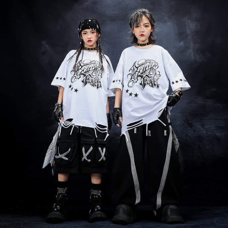 Hip Hop Kids Streetwear Boys Ripped Short Sleeve Dance Suit Set Girls Cool Catwalk Trendy Performance Costume