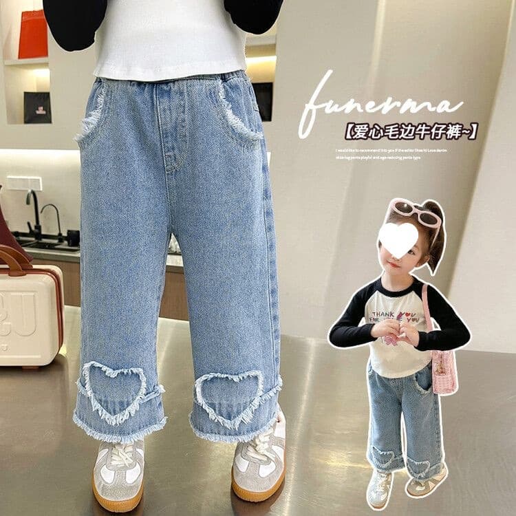 Girls jeans 2024 spring and autumn new style children's style Korean style loose pants girls straight leg love wide leg pants