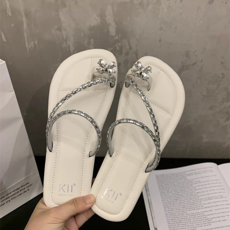 Flat French Open-Toe Sandals Fairy Shoes 2024 New Summer Soft Sole Dress Rhinestone Sandals